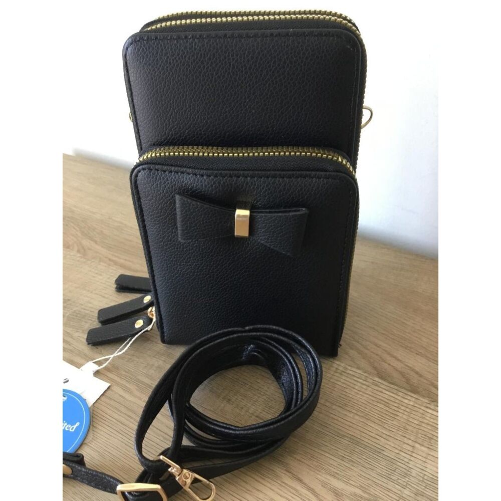 Black Triple Zippered Crossbody Wallet with Bow Detail & 2 Adjustable Straps NWT